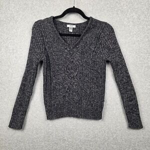 Vtg IZOD Sweater Womens PM Gray 100% Cotton Cable Knit V Neck Pullover Petite